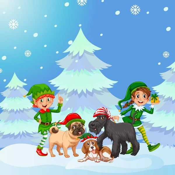 雪の背景イラストに2つのエルフと犬とクリスマスポスターデザイン — ストックベクタ