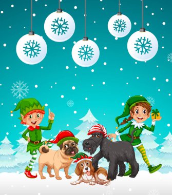Karlı arkaplanda iki elf ve köpek resmi olan bir Noel posteri tasarımı.