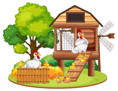 Çizgi film tarzında bir grup tavuğun izole edilmiş bir sahnesi.