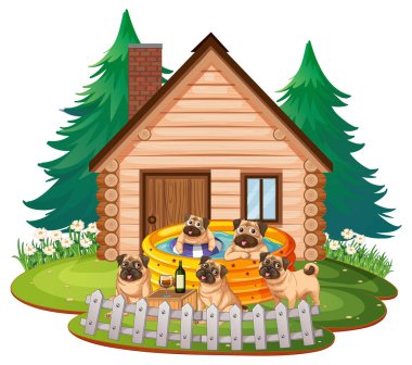 Köpek kulübesi illüstrasyonunun dışında oynayan çok köpek var