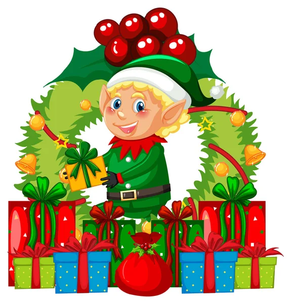 Leuke Elf Kerst Krans Met Veel Geschenkdozen Illustratie — Stockvector