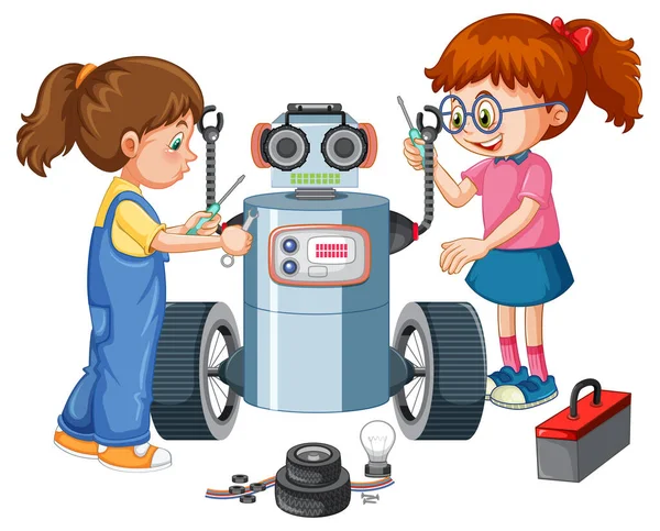 Çocuklar Birlikte Bir Robotu Tamir Ediyorlar — Stok Vektör