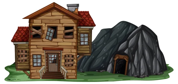 Een Verlaten Huis Met Een Rots Grot Witte Achtergrond Illustratie — Stockvector