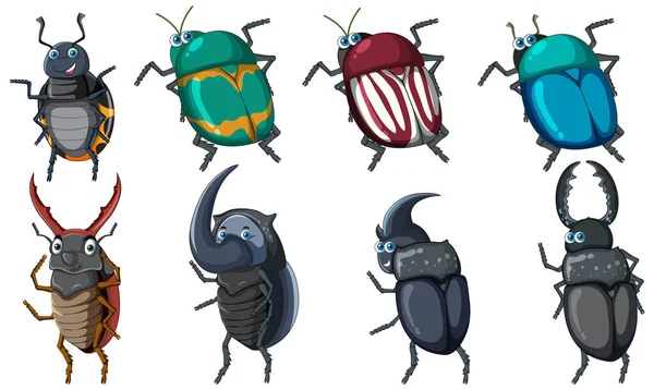 Sada Různých Hmyzu Brouků Kresleném Stylu Ilustrace — Stockový vektor