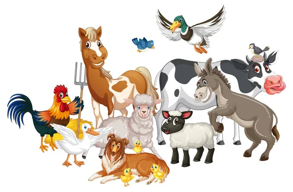 Grupo Animales Granja Sobre Fondo Blanco Ilustración — Vector de stock