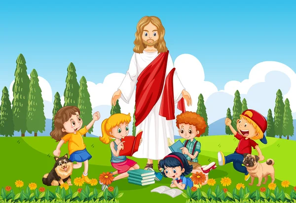 Jesus Crianças Parque Ilustração —  Vetores de Stock