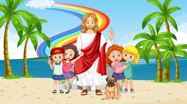 Jesus Children Beach Illustration — Stock Vector