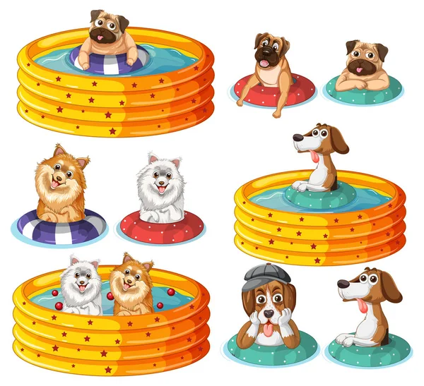 Cute Puppy Dogs Party Rubber Swimming Pool Illustration — Stock Vector