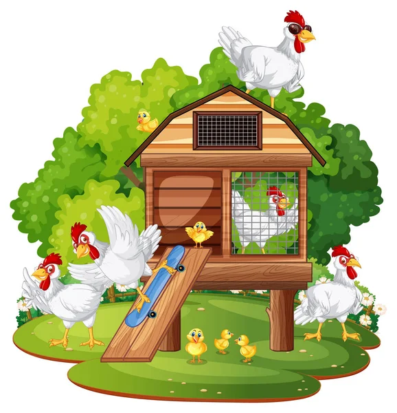 Isolated Scene Group Chickens Cartoon Style Illustration — Stock Vector