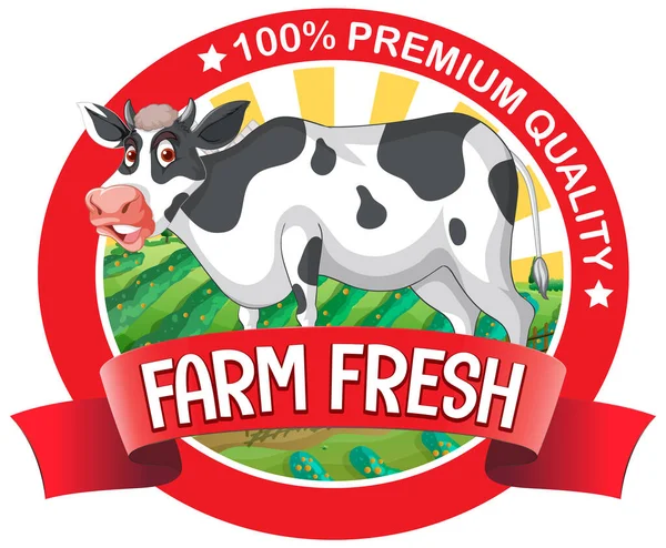 一头带有农场新鲜标签插图的奶牛 — 图库矢量图片