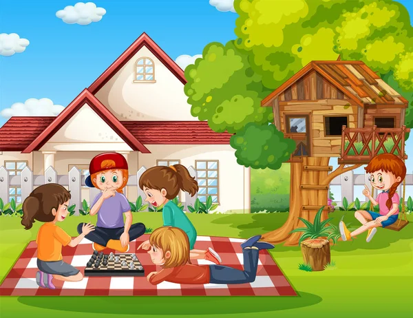 Children Playing Games House Illustration — Stock Vector