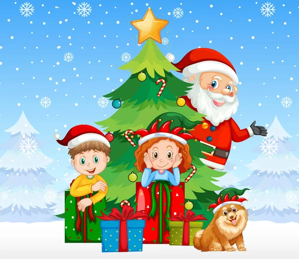 Papai Noel Com Crianças Caixas Presente Fundo Nevado Ilustração —  Vetores de Stock