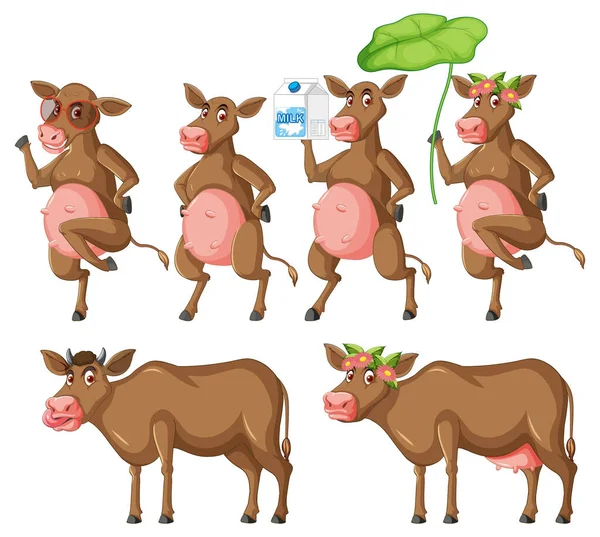 Conjunto Diferentes Poses Vacas Lecheras Ilustración Personajes Dibujos Animados — Vector de stock