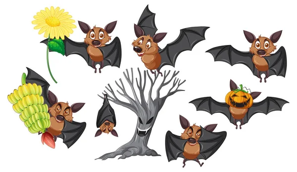 Conjunto Diferentes Poses Morcegos Desenhos Animados Personagens Ilustração — Vetor de Stock