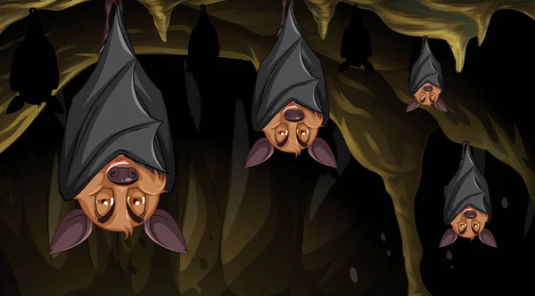 Scena Grotta Con Gruppo Pipistrelli Stile Cartone Animato Illustrazione — Vettoriale Stock