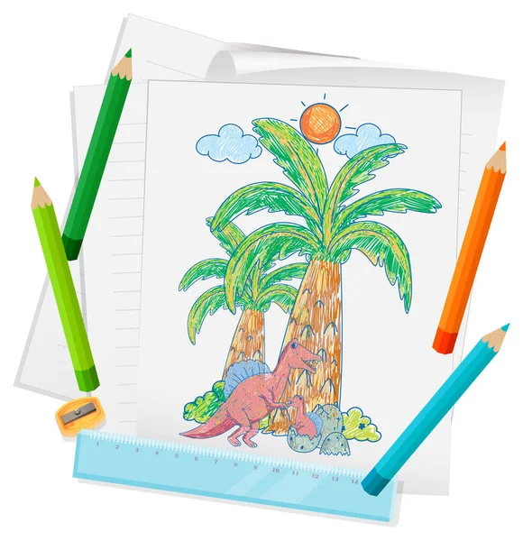 Una Carta Con Disegno Schizzo Doodle Con Illustrazione Colori Matite — Vettoriale Stock