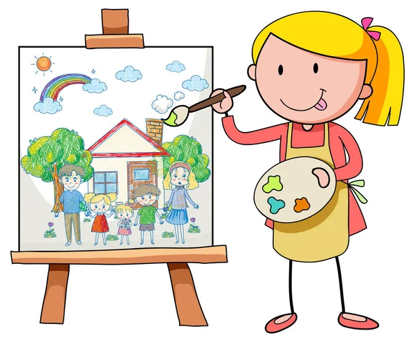 一个画房子和家庭插图的女孩 — 图库矢量图片