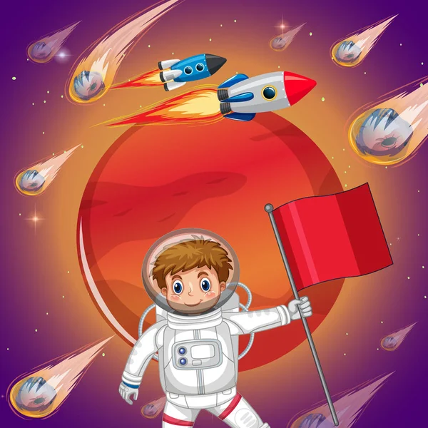 Astronaut Kid Space Mars Planet Comets Illustration — Stock Vector