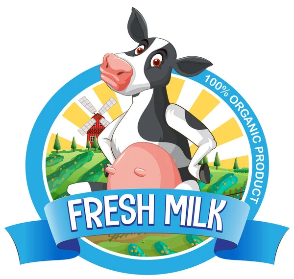 Cow Fresh Milk Label Illustration — Stock Vector