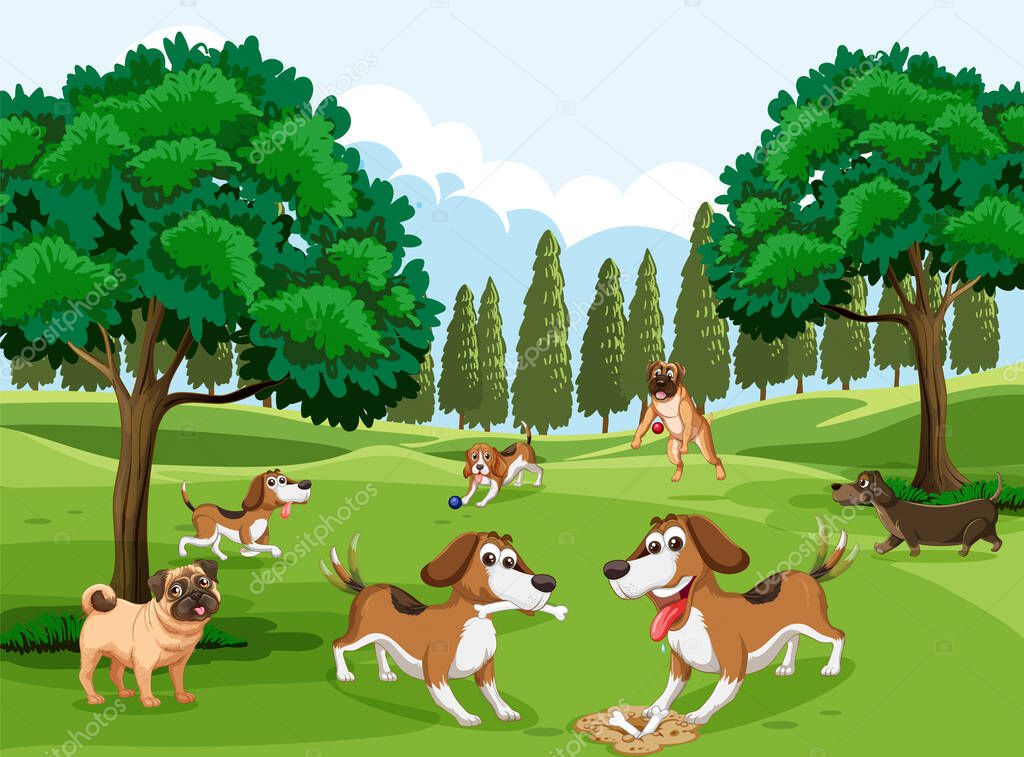 Many dogs playing in the park illustration