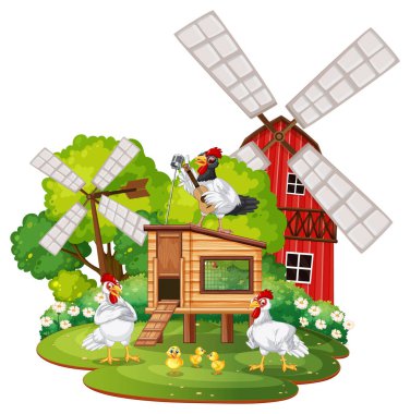 Çizgi film tarzında bir grup tavuğun izole edilmiş bir sahnesi.