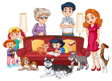 Bir sürü köpek resimli büyük aile üyeleri.