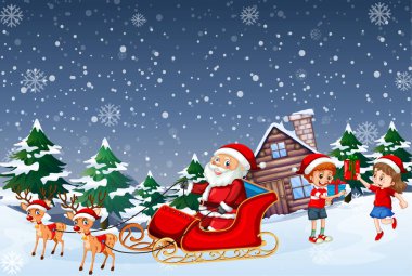 Karlı kış gecesi resimlerinde kızak üstünde Noel Baba