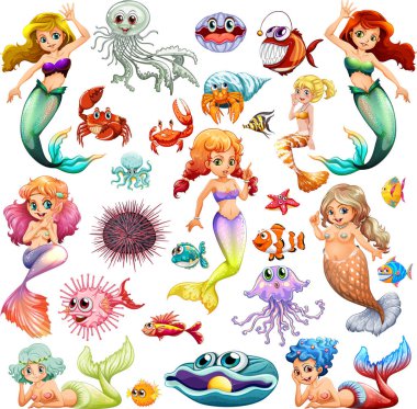 Deniz hayvanlar illüstrasyon farklı türleri