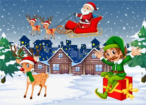 Scena Notturna Innevata Con Illustrazione Personaggi Dei Cartoni Animati Natale — Vettoriale Stock