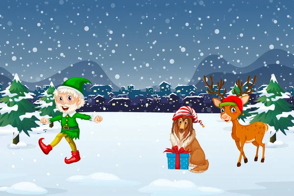 Sněžná Noční Scéna Vánoční Kreslené Postavičky Ilustrace — Stockový vektor