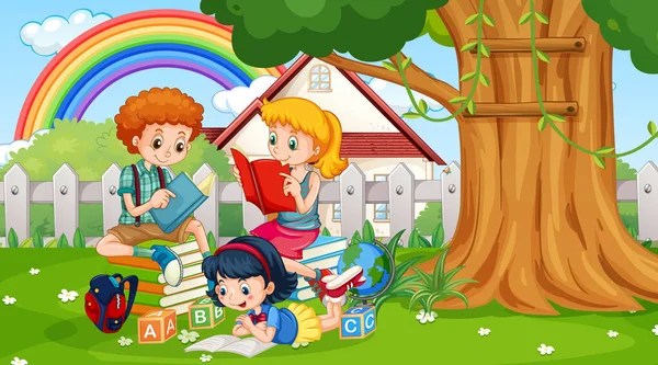 Niños Leyendo Libros Parque Ilustración Fondo — Vector de stock