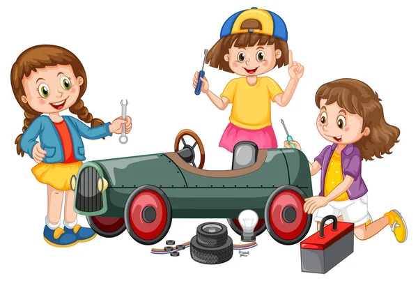 Gyerekek Javítás Egy Autó Együtt Illusztráció — Stock Vector
