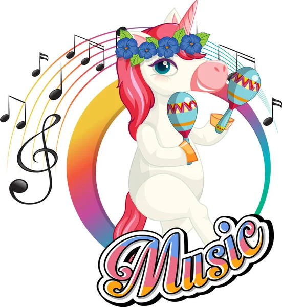 Cute Pink Unicorn Shaking Maracas Music Notes White Backgroun — Stock Vector