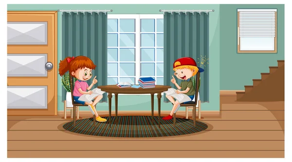 Enfants Lisant Des Livres Maison Illustration — Image vectorielle