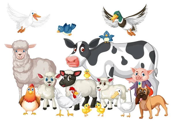 Grupo Animales Granja Sobre Fondo Blanco Ilustración — Vector de stock