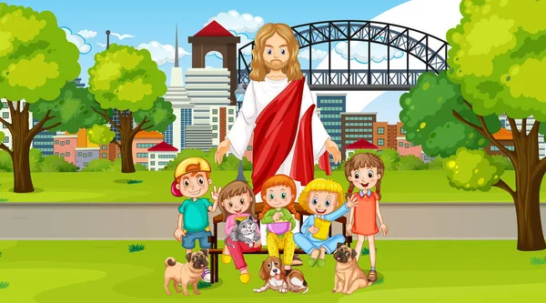 Jesus Crianças Parque Ilustração — Vetor de Stock