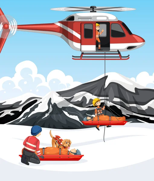 Χιόνι Σκηνή Διάσωσης Πυροσβέστης Εικονογράφηση Στυλ Κινουμένων Σχεδίων — Διανυσματικό Αρχείο