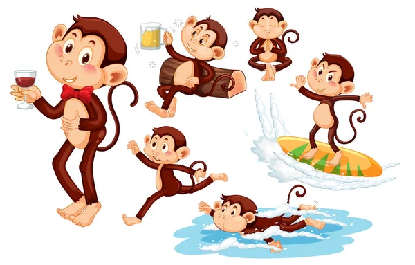 Sada Různých Póz Kreslených Postaviček Opic Ilustrace — Stockový vektor