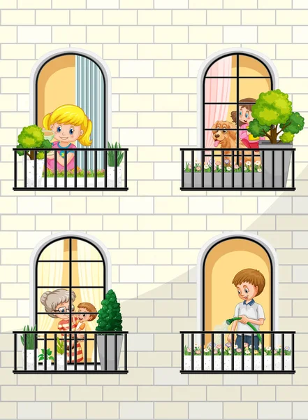 Building Facade People Windows Illustration — Stock Vector