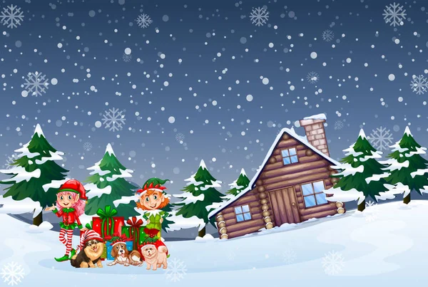 Sněžná Noční Scéna Elfem Psy Kresleném Stylu Ilustrace — Stockový vektor