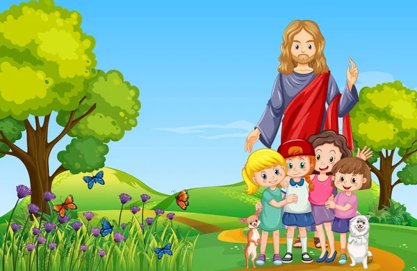 Jezus Kinderen Het Park Illustratie — Stockvector