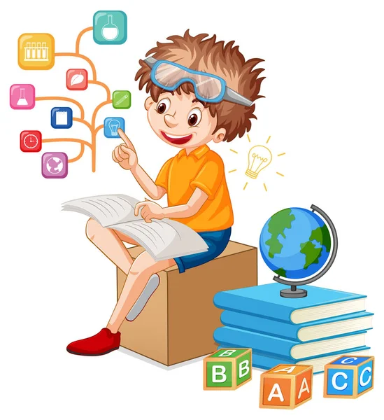 Ένα Αγόρι Διαβάζει Βιβλία Λευκό Φόντο Εικονογράφηση — Διανυσματικό Αρχείο