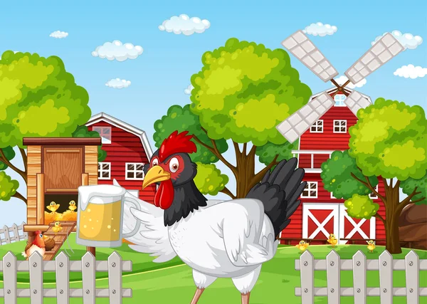 Farm Scene Chicken Holding Glass Beer Illustration — Stock Vector
