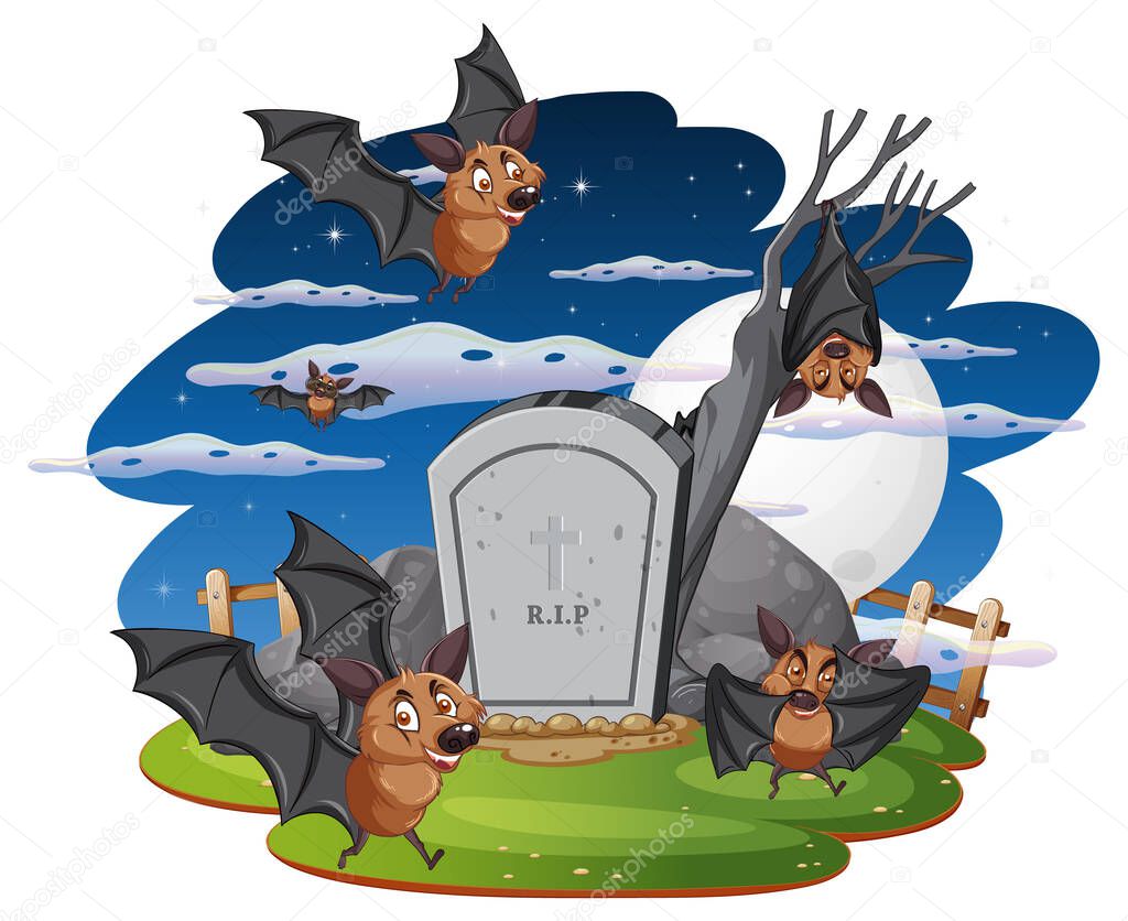 Group of bats in forest at night illustration
