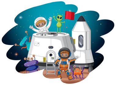 Çizgi film astronotu ve gezegendeki uzaylılar karikatür stili çizim yapıyorlar.