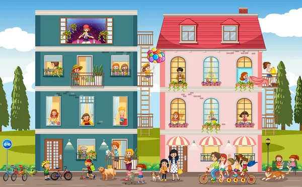 Janelas Apartamento Com Vizinhos Desenho Animado Personagem Ilustração — Fotografia de Stock