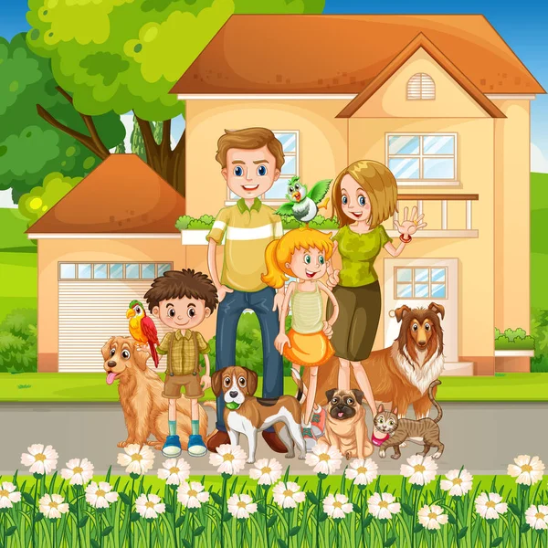 Venkovní Scéna Šťastnou Rodinou Jejich Psy Ilustrace — Stock fotografie