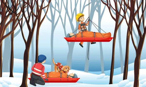 Escena Bosque Nieve Con Rescate Firerman Ilustración Estilo Dibujos Animados —  Fotos de Stock