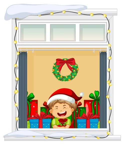 Noel Temalı Illüstrasyonda Çizgi Film Karakterinin Penceresinden Bak — Stok fotoğraf