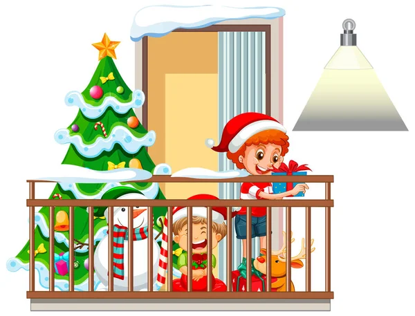 Widok Przez Okno Postaci Kreskówek Ilustracji Tematu Bożego Narodzenia — Zdjęcie stockowe